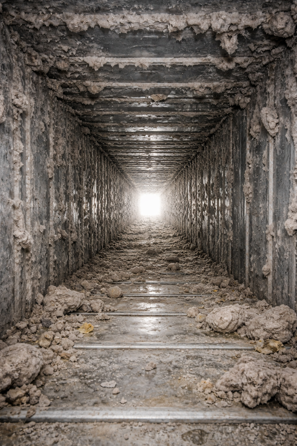 Cluttered industrial HVAC ductwork with dust buildup in a utility space