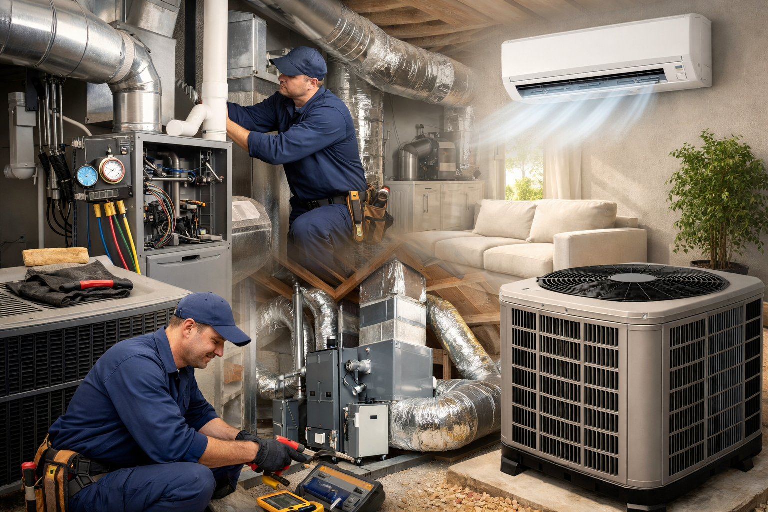HVAC technicians working on residential system installation